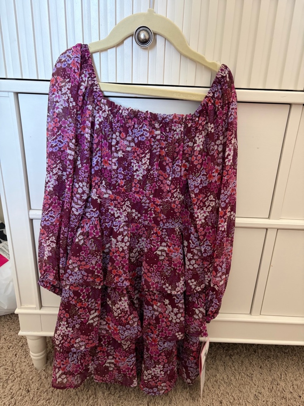 Rare Editions Fuchsia Floral Off-Shoulder Tiered Skater Dress